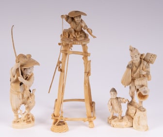Three Japanese Okimono of Fisherman