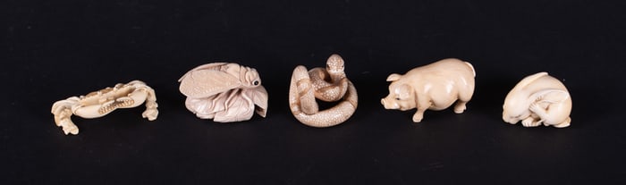 A Collection of Five Japanese Carved Bone Netsuke
