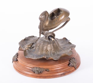 Japanese Bronze Desk Set Featuring a Stork and Frog on a Liliypad