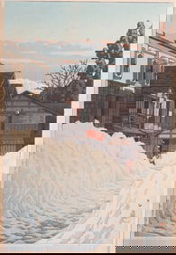 Hasui Kawase, Japanese (1883-1957), Snow at Ojiya in Echigo, woodblock print