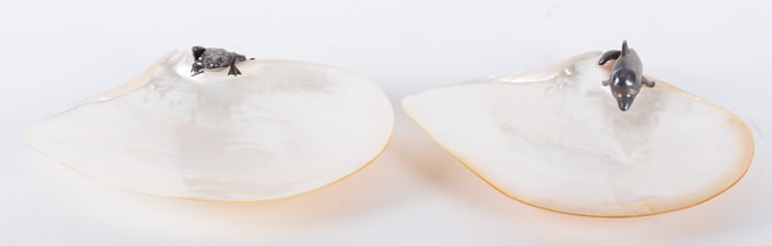 Two Mother of Pearl and Sterling Silver Caviar Dishes