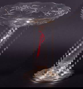 A German WMF Plated Silver and Glass Secessionist Compote: A German WMF Plated Silver and Glass Secessionist CompoteMarked WMF, a plated silver compote, the round base supported by three plated silver legs and a middle cut glass stem. The glass top etched wit
