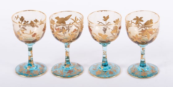 Four Moser Style Gilt Wine Glasses