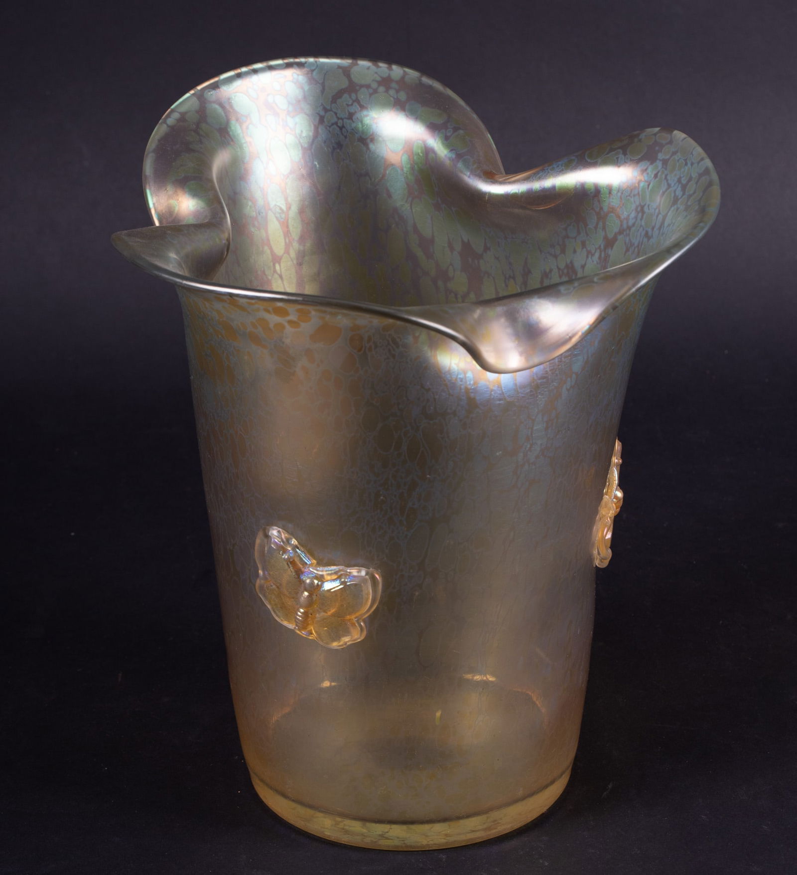 A Large Loetz Candia Papillon Vase with Butterflies: A Large Loetz Candia Papillon Vase with ButterfliesThe flared lip Loetz vase in Candia or Yellow glass having three applied glass butterflies.Provenance: The Estate of Diana Eley, St. Louis, MO10 inch