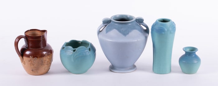 Van Briggle, Roseville, and Doulton Lambeth Pottery Vases (Five Total)