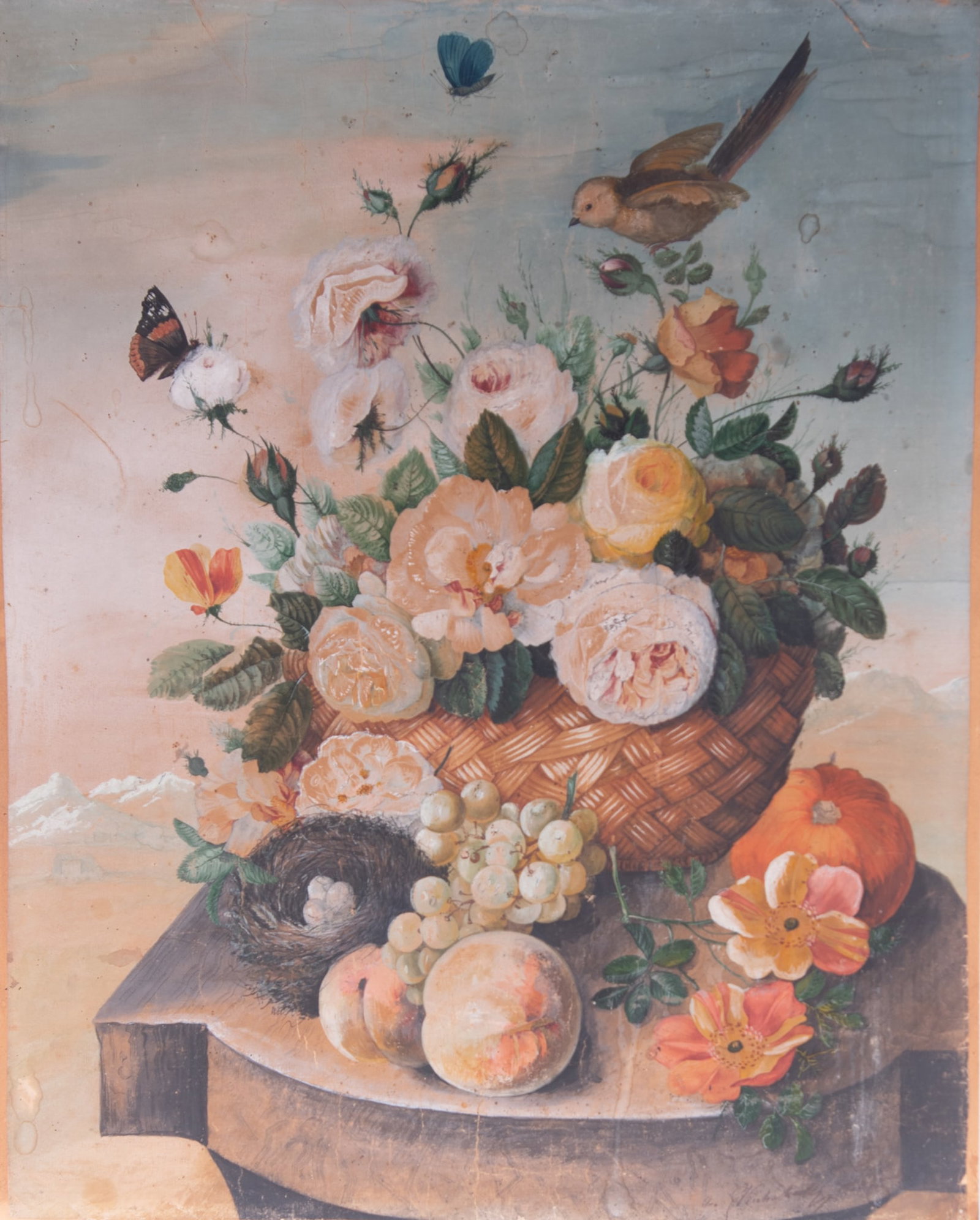 19th Century, Still Life with Fruit, Flowers, Birds, Butterflies and a Bird's Nest, watercolor and: 19th Century Still Life with Fruit, Flowers, Birds, Butterflies and a Bird's Nest watercolor and ink on paper, mounted on paperboard signed indistinctly lower right, unframed. Provenance: The Estate o