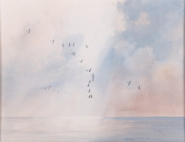 Gerhard C. F. Miller, Wisconsin (1903-2003), Seascape with Geese, watercolor