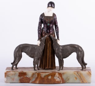 A Monumental Art Deco Style Bronze of a Woman with her Dogs, Les Amis Toujours after Chiparus