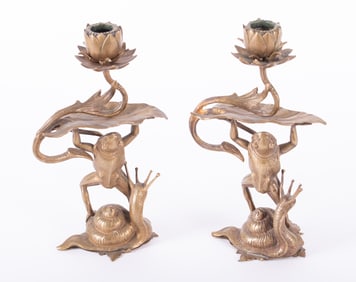A Pair of Whimsical Brass Frog and Snail Candlesticks