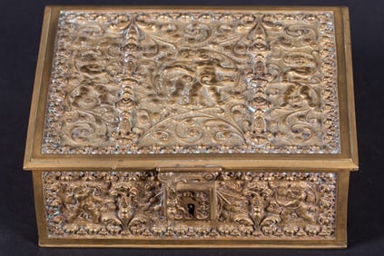 An Antique Beaux Arts Embossed Brass Cigar Box