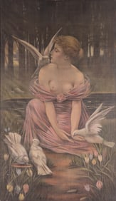 Early 20th Century Chromolithograph on Linen, Woman with Doves