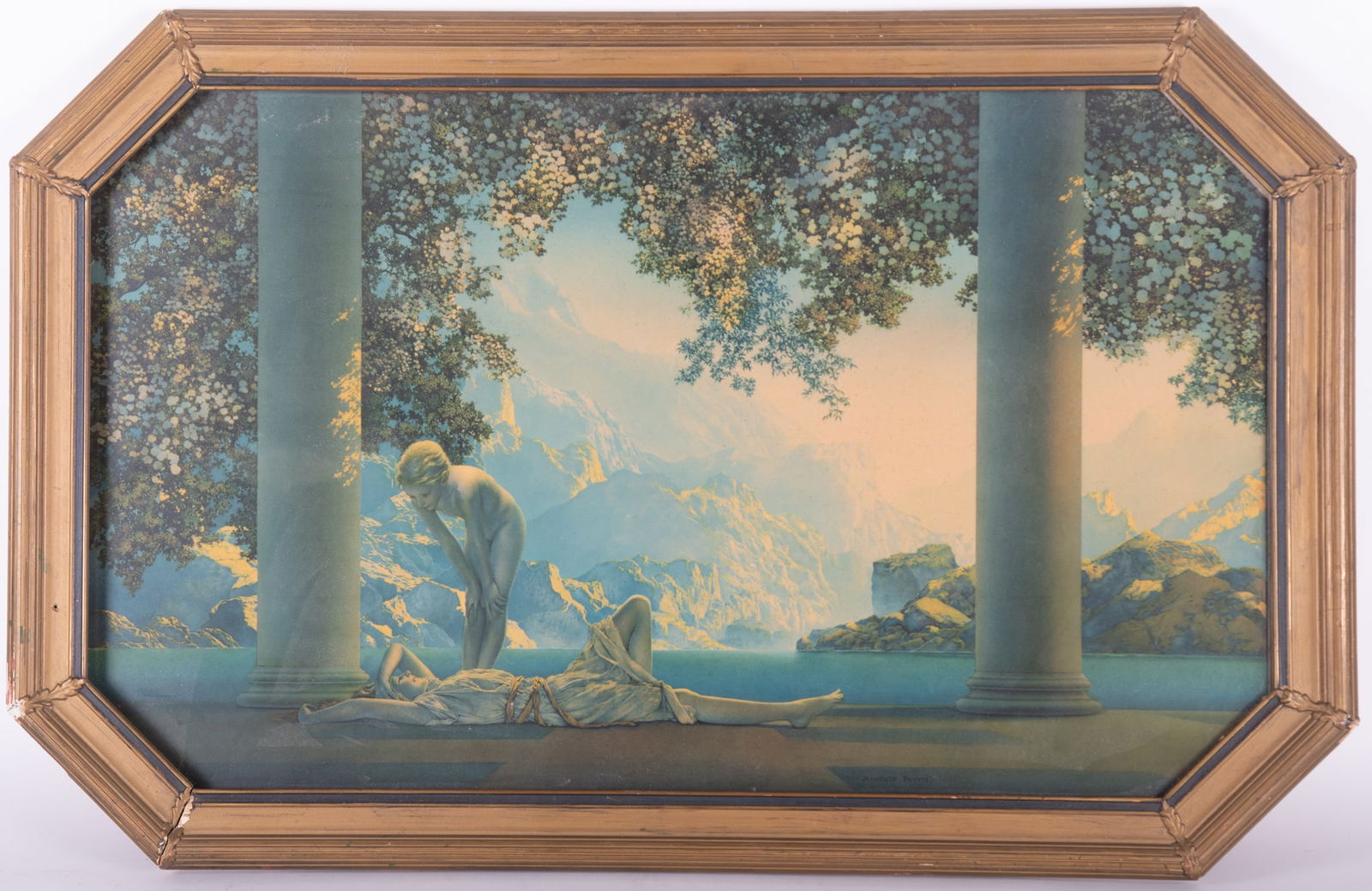 Vintage Maxfield Parrish Chromolithograph, "Daybreak": Vintage Maxfield Parrish Chromolithograph, "Daybreak"in the original frame.Provenance: The Estate of Diana Eley, St. Louis, MO22 x 33 1/2 inches (overall)