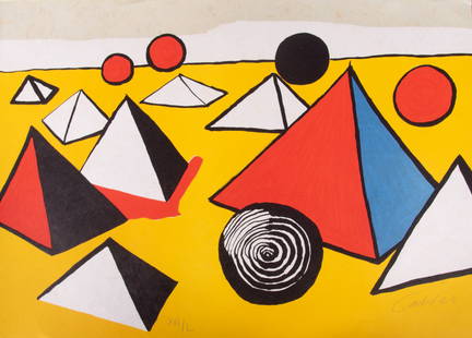 Alexander Calder, American (1898-1976), Pyramids and Circles, from La M?moire Elementaire, 1973,: Alexander CalderAmerican, (1898-1976)Pyramids and Circles, from La M?moire Elementaire, 1973color lithograph on Japon nacre, ed. XVI/Lsigned and numbered in pencil lower margin, framed.20 1/2 x 28 1/4