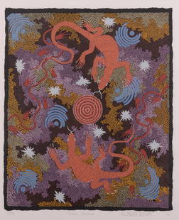 Clifford Tjapaltjarri Possum, Papunya (1932-2002), Goanna Dreaming, 1992, color lithograph, ed.: Clifford Tjapaltjarri PossumPapunya, (1932-2002)Goanna Dreaming, 1992color lithograph, ed. 55/99signed, dated, and numbered in pencil lower margin, framed.25 1/2 x 21 inches (visible)