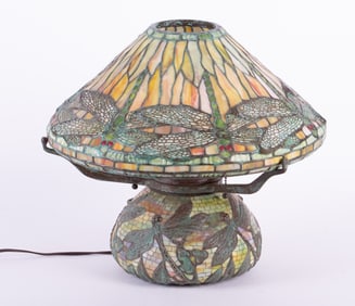 A Tiffany Studios Style Mosaic and Leaded Glass Dragonfly Lamp