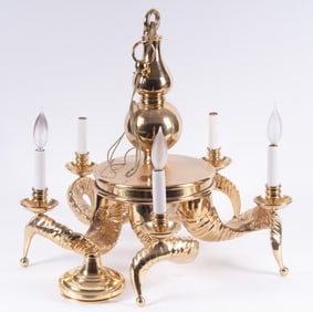 Chapman Hollywood Regency Brass Rams Horn Chandelier