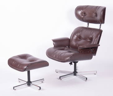 After Eames, Lounge Chair And Matching Ottoman: After Eames, Lounge Chair And Matching OttomanBrown button upholstery and chrome quadripartite bases.