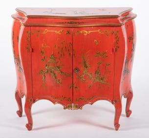 Red Lacquer Louis XV Style Bombe Commode