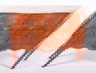 Fine Louis XV Style Bronze Mounted Tulipwood and Marquetry Bombe Commode: Fine Louis XV Style Bronze Mounted Tulipwood and Marquetry Bombe CommodeSerpentine marble top above intricately inlaid sides showing floral motifs centering a bombe front with floral inlay and a pair