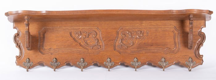 English Oak Wall Shelf with Figural Brass Hooks