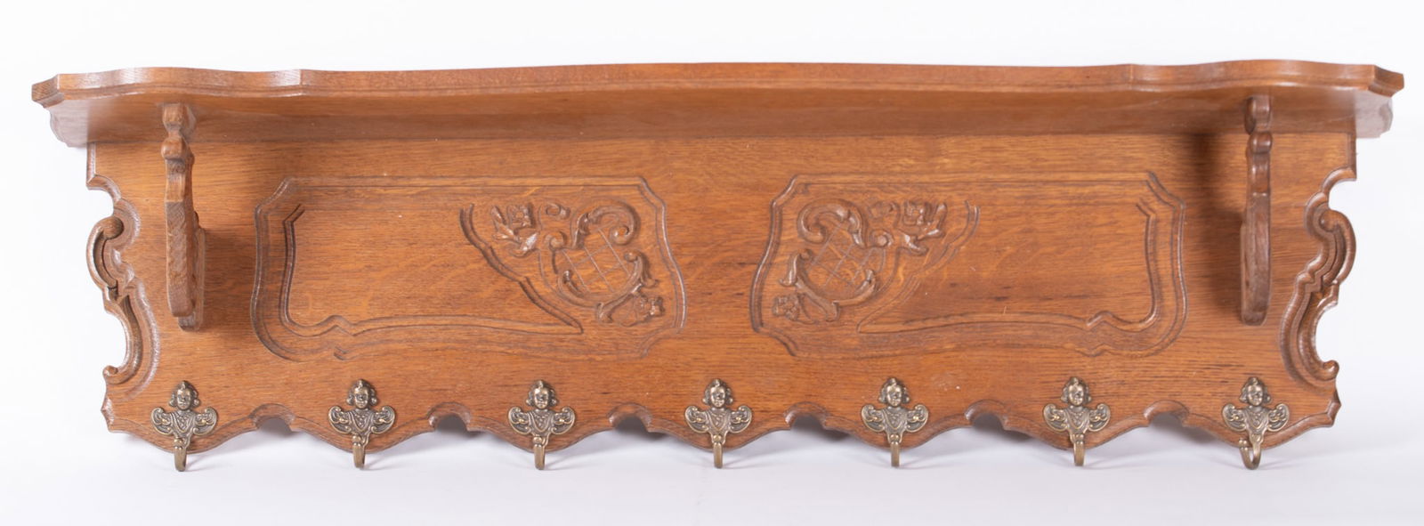 English Oak Wall Shelf with Figural Brass Hooks (1 of 3)