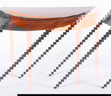 Antique English Demi Lune Flip Top Table: Antique English Demi Lune Flip Top TableThe crossbanded top opening to a circular green felt top above an inlaid apron raised on tapering legs with ribbon inlay.29 x 35 1/4 inches