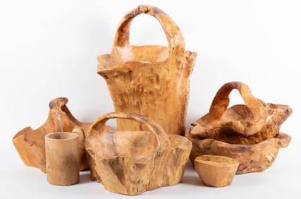 Collection of Seven Burl Wood Baskets and Bowls.