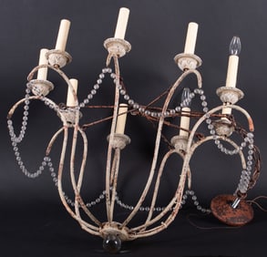 Nine-Light Iron French Design Chandelier Featuring Strands of Crystal Prisms