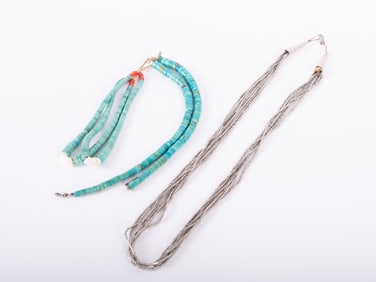 Navajo Turquoise Jacla Necklace along with a Liquid Silver Strand
