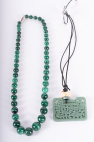 Large Carved Jade Pendant With Frog Necklace; Together With Malachite Necklace