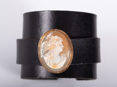 10K Yellow Gold Framed Cameo on Leather Bracelet