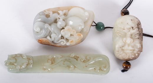Chinese Carved Jade Belt Buckle along with Two Carved Jade Ornaments