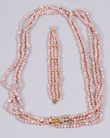 Pearl Necklace & Bracelet with Fancy 14k Diamond Clasps