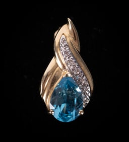 14K Yellow Gold Blue Topaz and Diamond Pendant