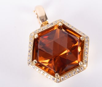 14K Yellow Gold Pendant set with Citrine and Diamonds
