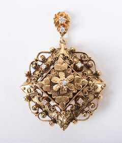 Charming Antique 14K Yellow Gold Diamond Brooch/Pendant