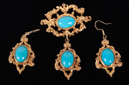Antique 9K Yellow Gold Brooch & Earrings set with Turquoise