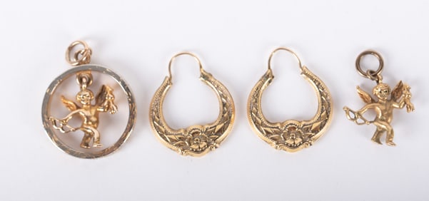Vintage 14K Yellow Gold Earrings and Cupid Pendants