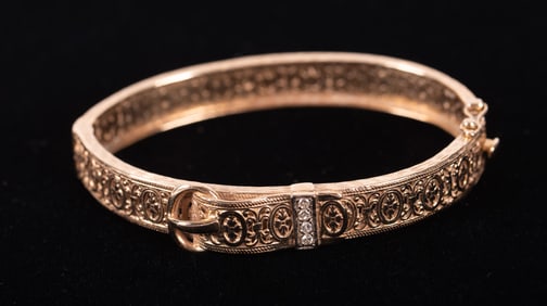 Beautiful 14K Yellow Gold Openwork Bangle with Diamonds