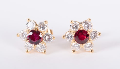 18K Yellow Gold Diamond & Ruby Flower Top Earrings