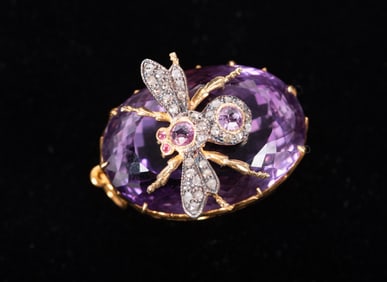 Large Amethyst Pendant in Silver Gilt with Bee Adornment