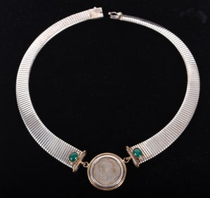Sterling Collar with Chrysoprase Stones Embracing a Silver Coin