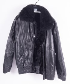 Soft Black Leather Stroller Length Coat with Fox Collar and Trim; Together with Combination Black