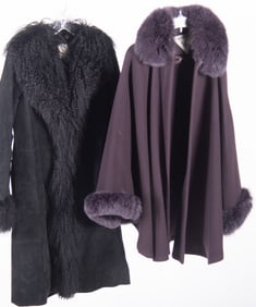 Full Length Black Suede Coat with Mongolian Fur Collar, Cuffs and Trim, Designed by Margaret Godrey;