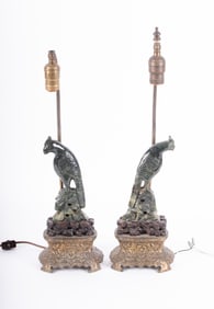 A Pair of Chinese Green Hardstone Bird Carvings, now Table Lamps