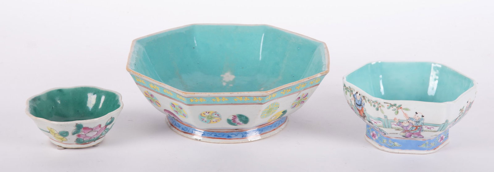 Three Chinese Porcelain Bowls: Three Chinese Porcelain Bowls Qing dynasty, teal and green glaze, shaped edges, painted sides. two larger bowls marked on the base 3 1/4 x 9 1/4 x 9 1/4 inches