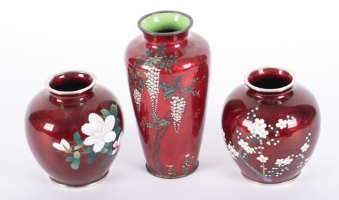 Three Vintage Japanese Red Foil Cloisonne Vases, Ando and Sato