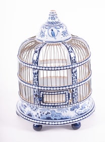 A Delft Blue and White Ceramic Birdcage