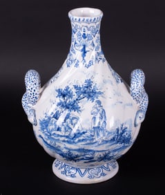 An Antique Delft Tin Glaze Blue and White Vase bearing Serpent Handles