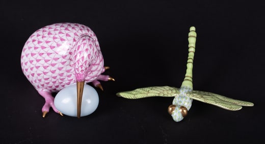 Two Herend Porcelain Fishnet Animals, Kiwi Bird and Dragonfly